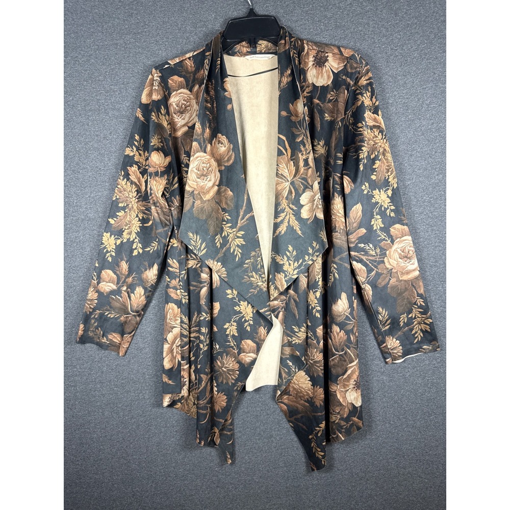 Soft Surroundings Floral Open Front Draped Cardigan Jacket Faux Suede Large